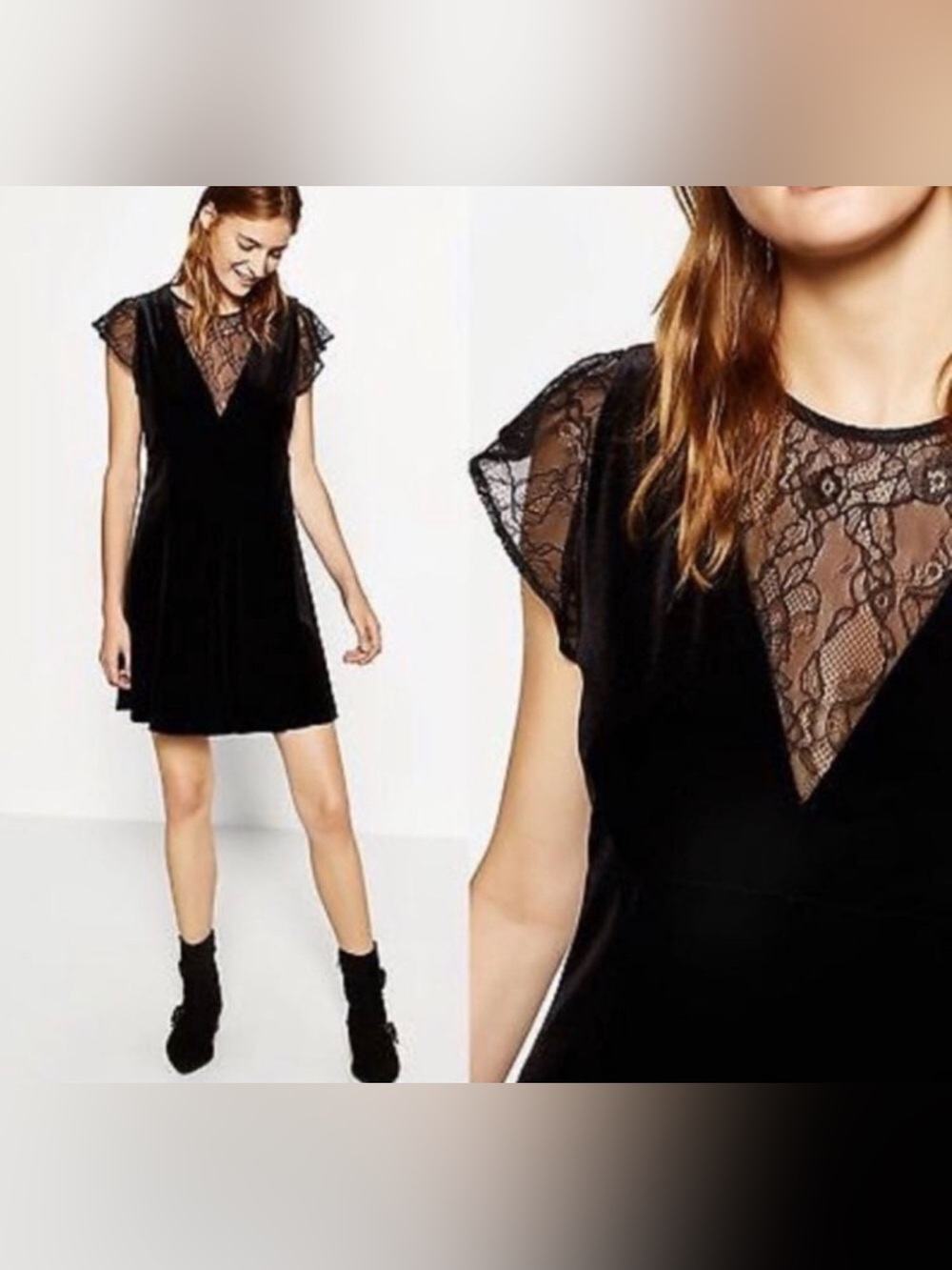Zara Basic Collection Black Velvet Mini Dress Lace Detail Size S